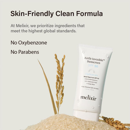 Melixir Airfit Invisible™ Sunscreen SPF 50, Broad Spectrum Korean Rice Sunscreen for Face, Hyaluronic Acid, Moisturizing Daily Protection for Sensitive Skin, No White Cast, Waterproof (1.7fl.oz./50ml) | Korean Rice, Hyaluronic Acid, Broad Spectrum...