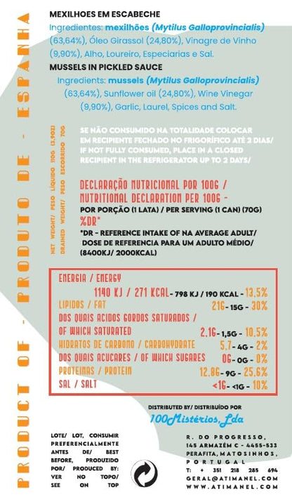 Spanish Mussels Canned in Pickled Sauce | B Vitamins, Omega-3 | Tinned Seafood by Ati Manel | 8 x 110g Can