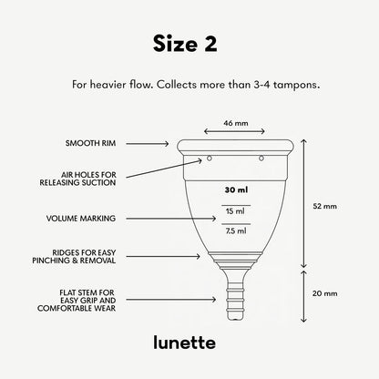 Lunette Menstrual Cup Reusable BPA Free Period Cup with 12-Hour Leak Free Comfort - Soft 100% Medical-Grade Silicone - Eco-Friendly Pad & Tampon Alternative – Vegan - Made in Finland - Size 2 Blue