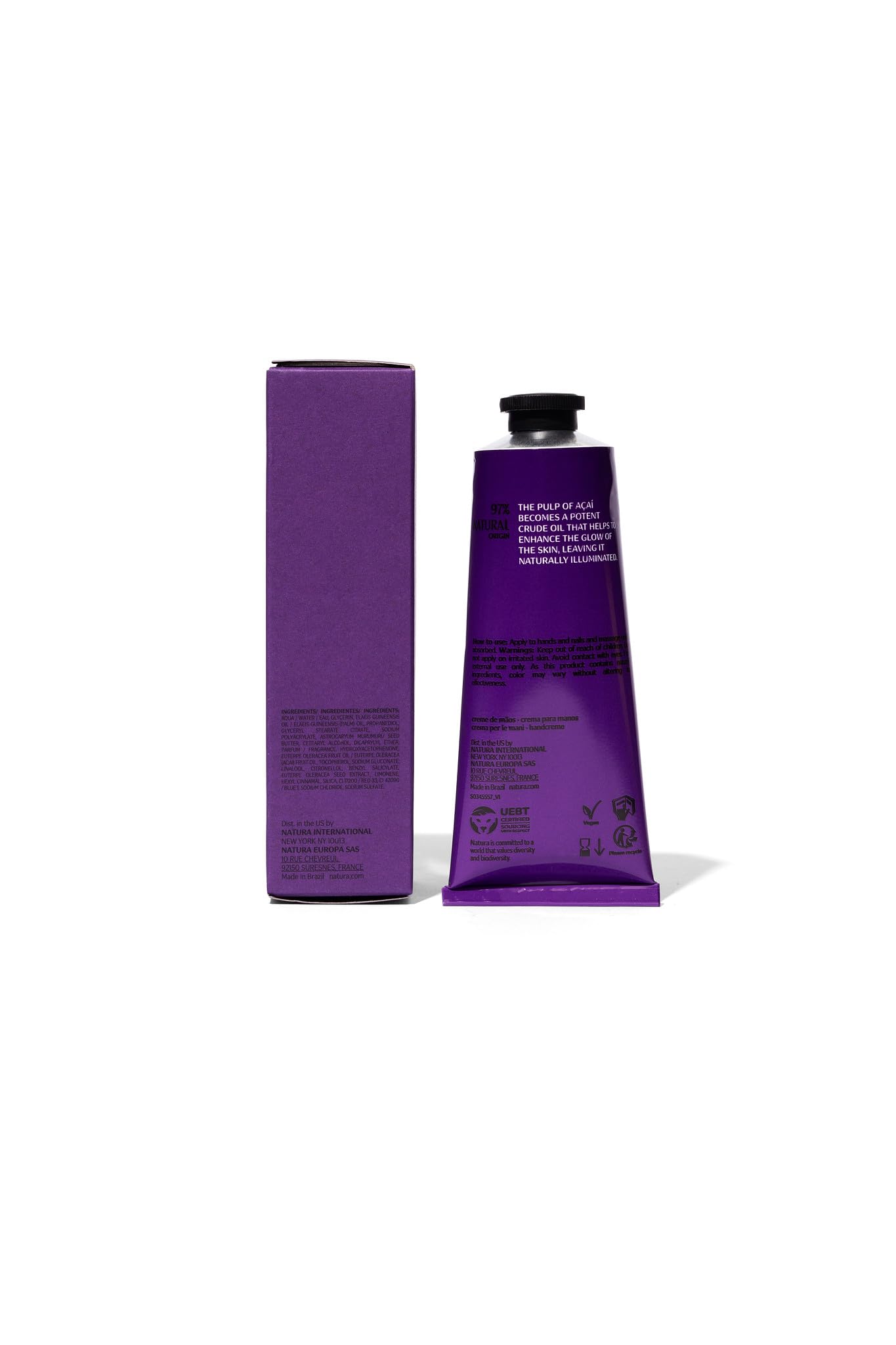 Natura - Ekos Açaí Hand Cream - Anti-Dullness Hand Balm - Recharge the Skin - Fast Absorption - Skin Moisturizer - Vegan Skin Care - Brazilian Beauty Secrets - Self Care & Body Care - 2.6oz (75g)