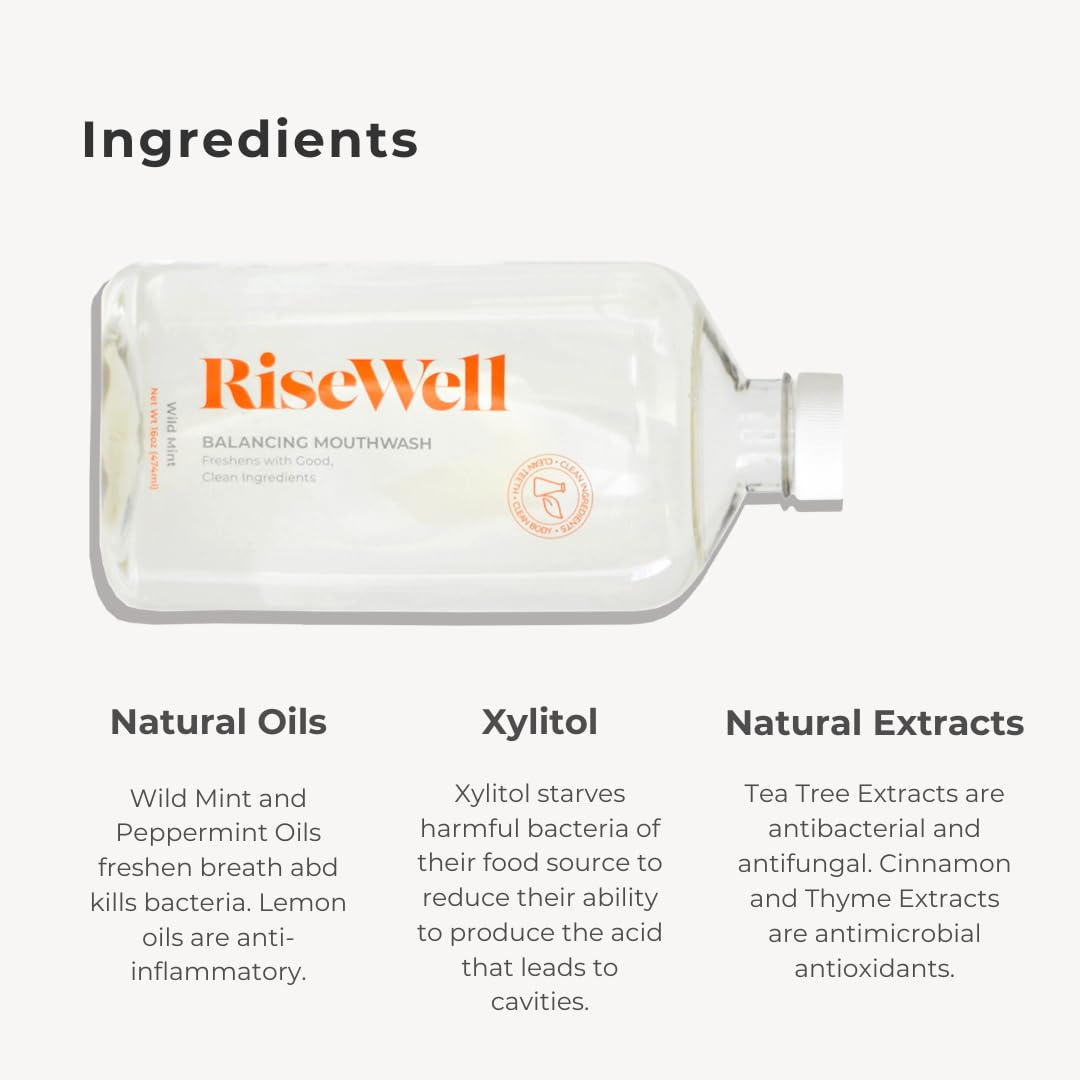 RiseWell Balancing Mouthwash - pH Balancing Alkaline Alcohol Free Mouthwash - Dentist Developed Dry Mouth Rinse - No Added Fluoride and SLS-Free - Fresh and Cool Breath - Wild Mint, 16 Oz