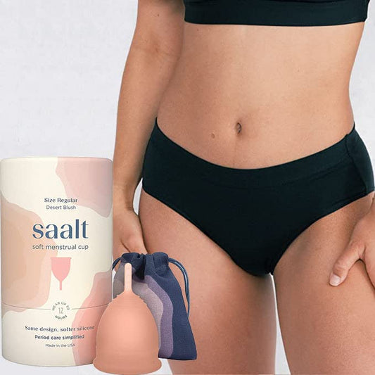 Saalt Soft Menstrual Cup (Desert Blush, Regular) & Cotton Brief Period 100% Cotton Underwear (Large) - Best Sensitive Reusable Period Cup - Wear for 12 Hours - Tampon and Pad Alternative