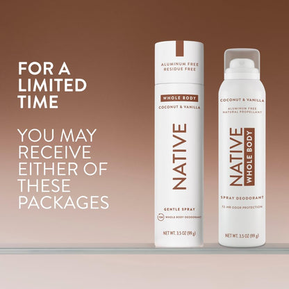 Native Whole Body Deodorant Spray, Coconut & Vanilla, 72 Hour Odor Control, Aluminum Free, No Chemical Propellant, Contains Naturally Derived Ingredients, 3.5 oz
