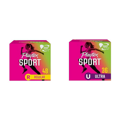 Playtex Sport Tampons, Regular Absorbency, Fragrance-Free - 48ct (Packaging May Vary) & Sport Tampons, Ultra Absorbency, Fragrance-Free - 36ct