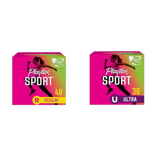 Playtex Sport Tampons, Regular Absorbency, Fragrance-Free - 48ct (Packaging May Vary) & Sport Tampons, Ultra Absorbency, Fragrance-Free - 36ct