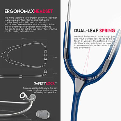 MDF Instruments, Acoustica Lightweight Stethoscope for Doctors, Nurses, Students, Home Health Use, Adult, Dual Head, Navy Blue Tube, Silver Chestpiece-Headset, MDF747XP04