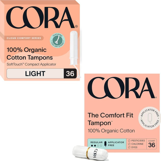 Cora Organic Tampons | Light Absorbency Applicator & Ultra-Absorbent Non-Applicator | 100% Organic Cotton, Unscented, BPA-Free | Leak Protection | Eco-Conscious | 72 Total