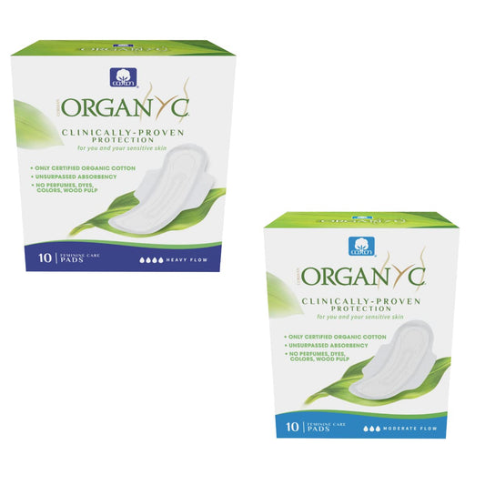 Organyc 100% Certified Organic Cotton Sanitary Napkin, Heavy Flow + Moderate Flow Feminine Pads, 10 Count