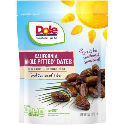 Dole California Whole Pitted Dates, Dried Fruit, Gluten Free Snack, 8 Oz Bag