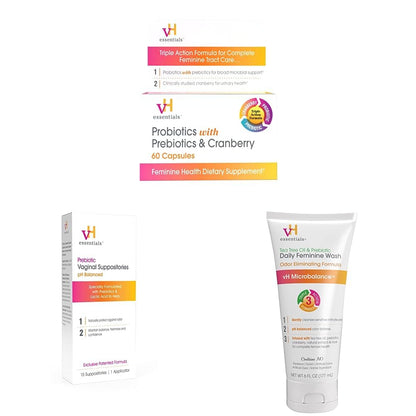 vH essentials Probiotics - 60 Capsules & Prebiotic PH Balanced Vaginal SuppositoriesBox, Original Version, 15 Count & Ph Balanced Daily Feminine Wash, 6, Fl Oz, (Pack of 1) 54306 Clear