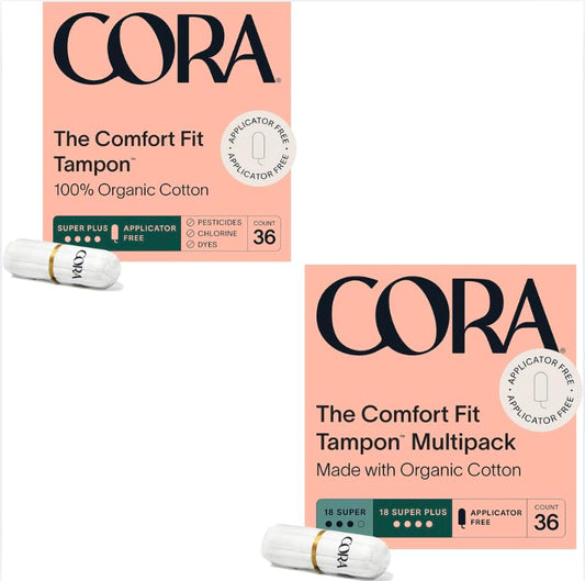 Cora 100% Organic Cotton Non-Applicator Tampons | Ultra-Absorbent, Unscented, Natural, Non-Toxic, Applicator Free | Eco-Conscious S/S+ (72 S/S+ Tampons)
