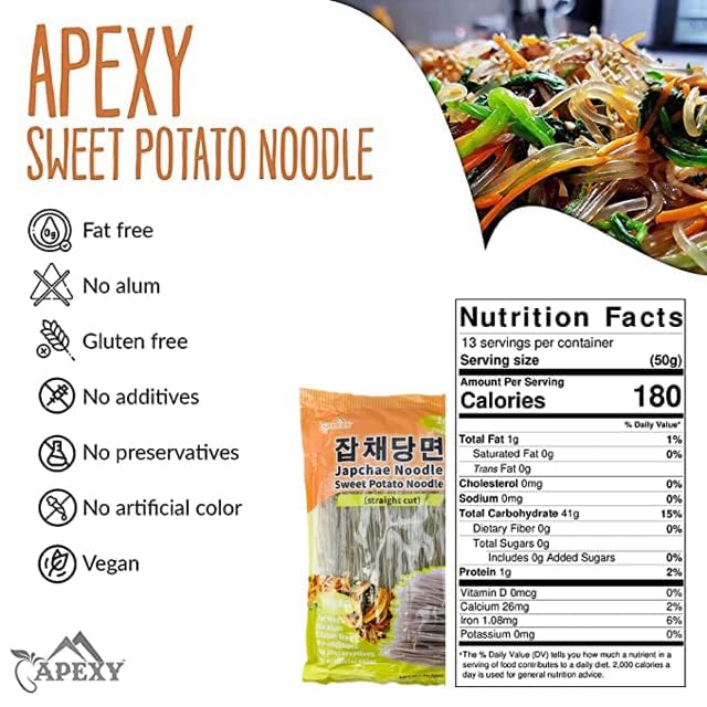 APEXY Sweet Potato Glass Noodles Straight Cut, Japchae Noodles, Korean Vermicelli Pasta, Fat-free and Gluten-free, 100% Sweet Potato Starch, No Additive, No Alum inside, 10.58oz