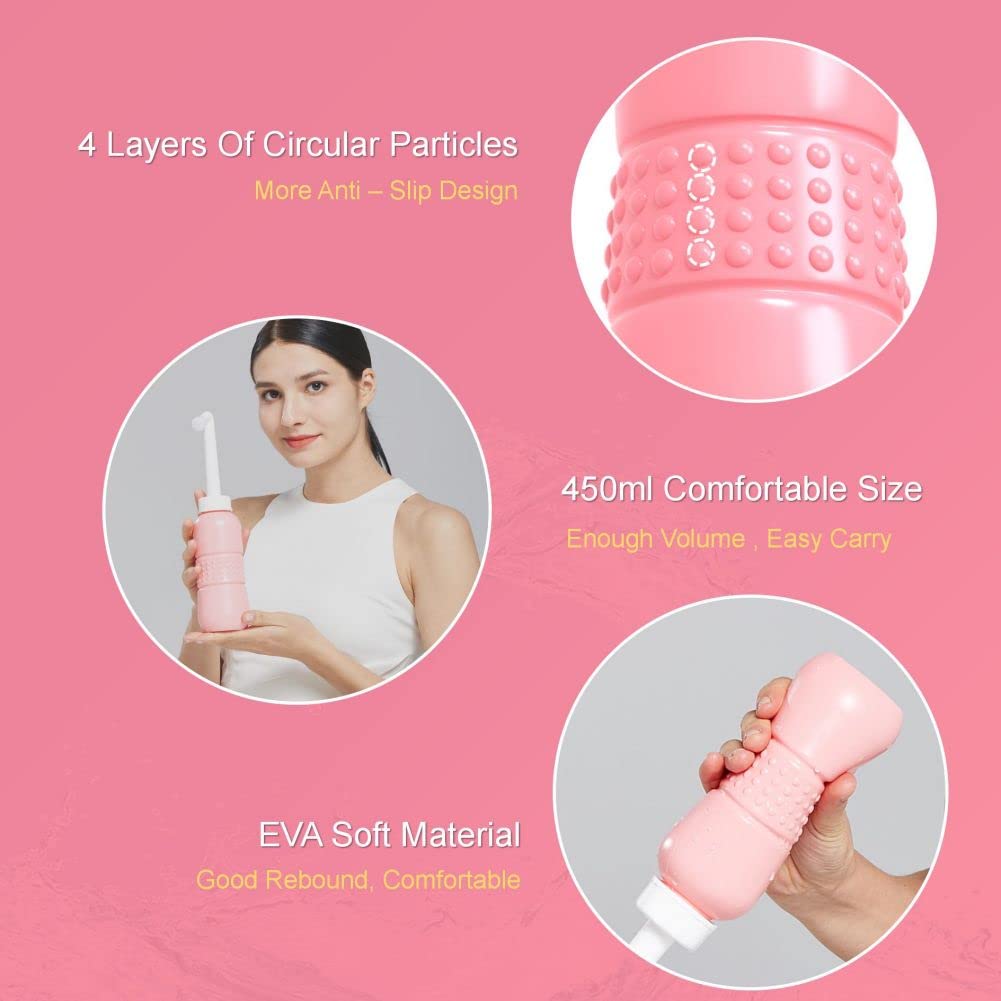 Upside Down Peri Bottle for Postpartum Care, Portable Bidet Bottle with Travel Bag, Handheld Perineal Sprayer,Reusable Douche Bottle for Women,Men,Baby,Personal Hygiene 450ml-2Pack (Pink)