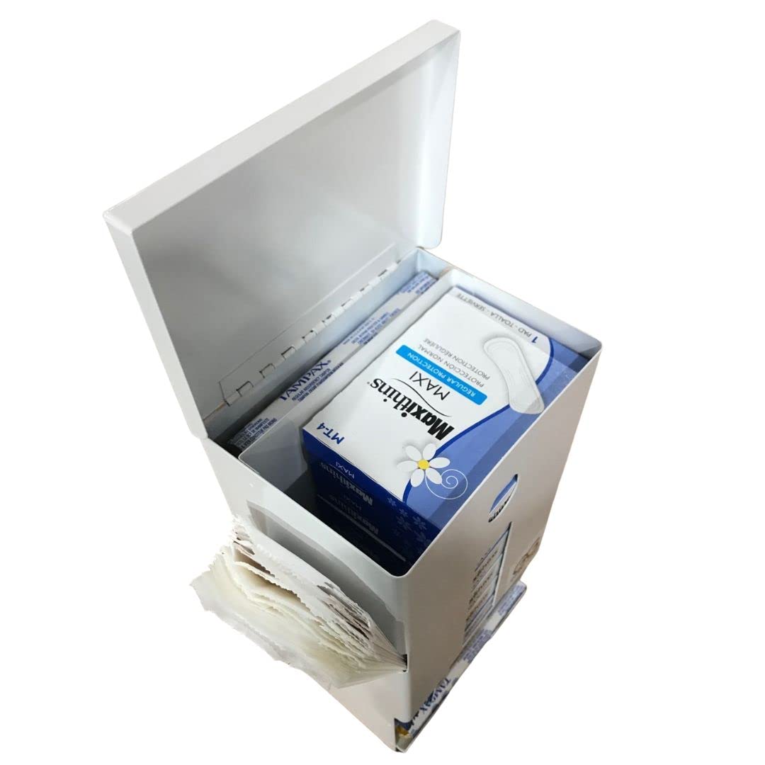 Tampon and pad Dispenser, Compact, Free Vending, White Steel Restroom Fixture