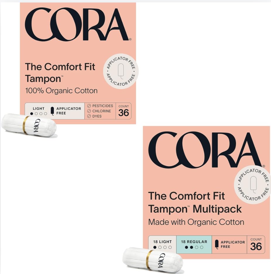 Cora Organic Cotton Non-Applicator Tampons | Ultra-Absorbent, Unscented, Natural, Non-Toxic | Eco-Conscious (36 Light & L/R Tampons)