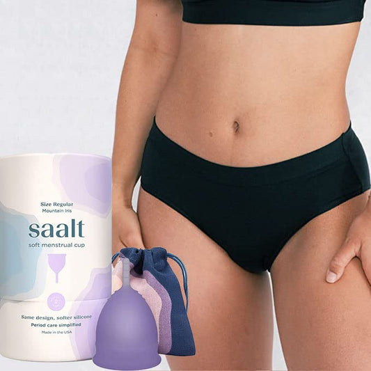 Saalt Soft Menstrual Cup (Mountain Iris Purple, Regular) & Cotton Brief Period 100% Cotton Underwear (Medium) - Super Soft and Flexible - Best Sensitive Cup - Wear for 12 Hours - Tampon and Pad Altern