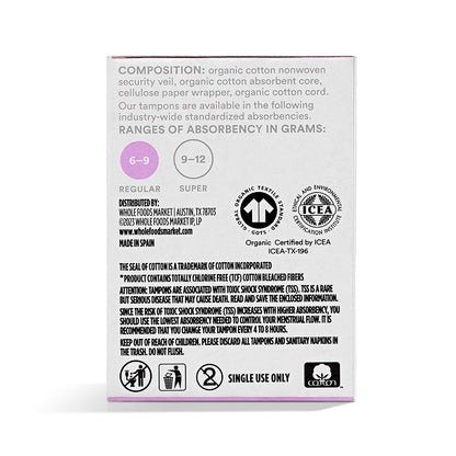 365 by Whole Foods Market, Non-Applicator Tampons, Made with Organic Cotton, Regular Absorbency, Unscented, 18 Count