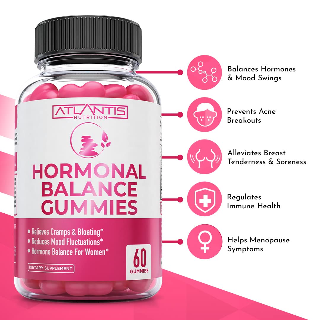 Atlantis Nutrition Hormonal Balance for Women & PMS Relief Gummies - Alleviates Cramps, Bloating, Mood Swings, Hot Flashes & Night Sweats - Cranberry, Dong Quai & Chasteberry Menstrual Cramp Relief