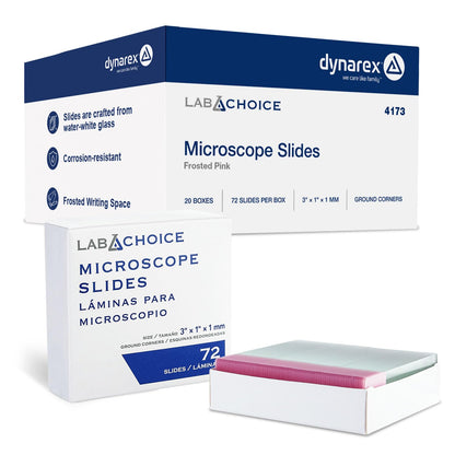 LabChoice Microscope Slides - Super Grade Green Glass Construction - Corner Grounded, 3"x 1" (25mm x 75mm x 1mm), Frosted Pink - 72 Pieces per Box, 20 Boxes, 1440 Total Slides