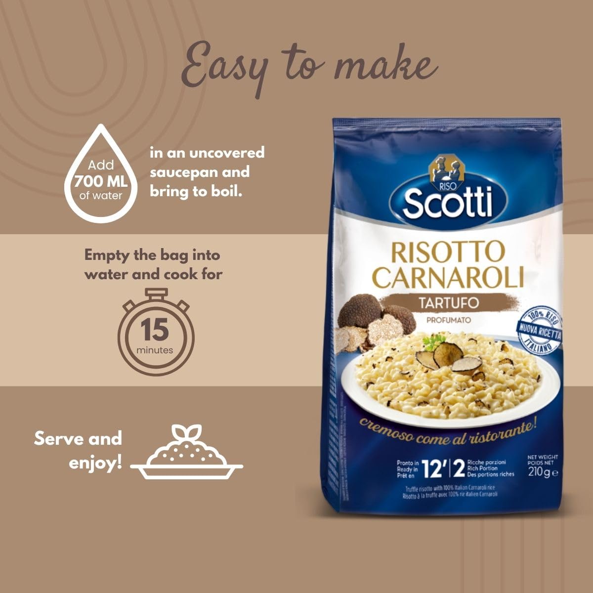 Riso Scotti Truffle Seasoned Risotto, Carnarolli Rice, Ready Meal, Easy to Cook, Italian Seasoned Risotto, Easy Dinner Side Dish, Just Add Water and Heat, 7.4 oz, 2-3 Servings