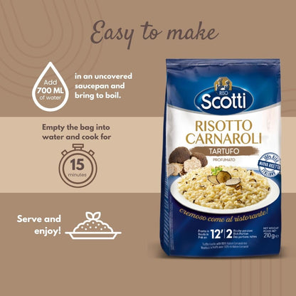 Riso Scotti Truffle Seasoned Risotto, Carnarolli Rice, Ready Meal, Easy to Cook, Italian Seasoned Risotto, Easy Dinner Side Dish, Just Add Water and Heat, 7.4 oz, 2-3 Servings