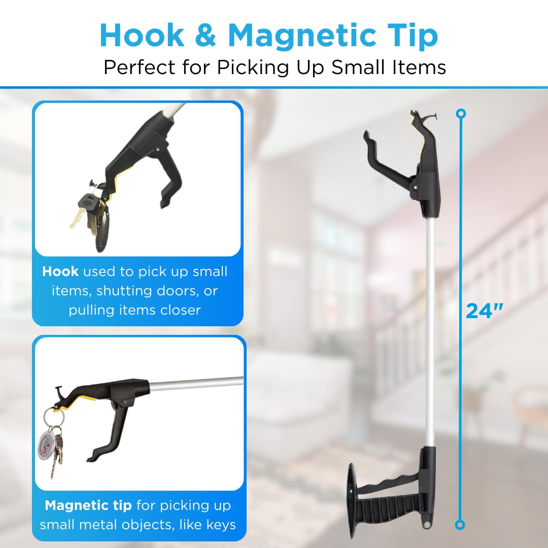 NOVA Reacher Grabber Tool for Seniors – 24” Lightweight Pick Up Stick with Rotating Claw, Magnetic Tip & Hook, Easy-Grip Handle, Daily Living Aid for Limited Mobility, 2-Pack