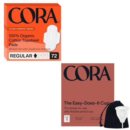 Cora Organic Feminine Care | 72 Regular Pads with Wings and a Menstrual Period Cup | Medical Grade Silicone | Eco-Conscious | Bundle Pack