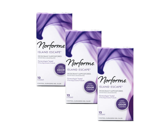Norforms Feminine Deodorant Suppositories, Long Lasting Odor Control, Island Escape Scent, 12 Count (Pack of 3)