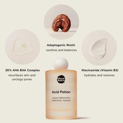 Moon Juice Acid Potion Liquid Face Exfoliator - 25% AHA BHA Exfoliant with Reishi + Niacinamide - Helps Resurface Skin, Unclog Pores & Stimulate Collagen - Hydrates & Soothes Skin (3.3 Fl oz)