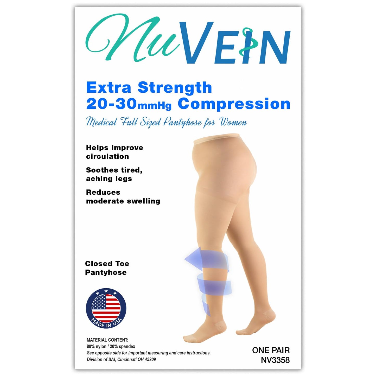 NuVein Medical Compression Plus Size Full Figure Pantyhose, 20-30 mmHg Support, Opaque, Beige, Petite