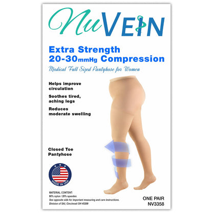 NuVein Medical Compression Plus Size Full Figure Pantyhose, 20-30 mmHg Support, Opaque, Beige, Petite