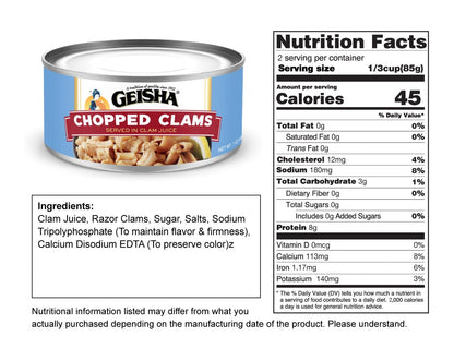 GEISHA Chopped Clams(Razor Clams) in Clam Juice 7oz(Pack of 12) | Zero Sat Fat & Trans Fat – Wild Caught – Good for Clam Chowder – Gluten Free – No MSG – NON-GMO