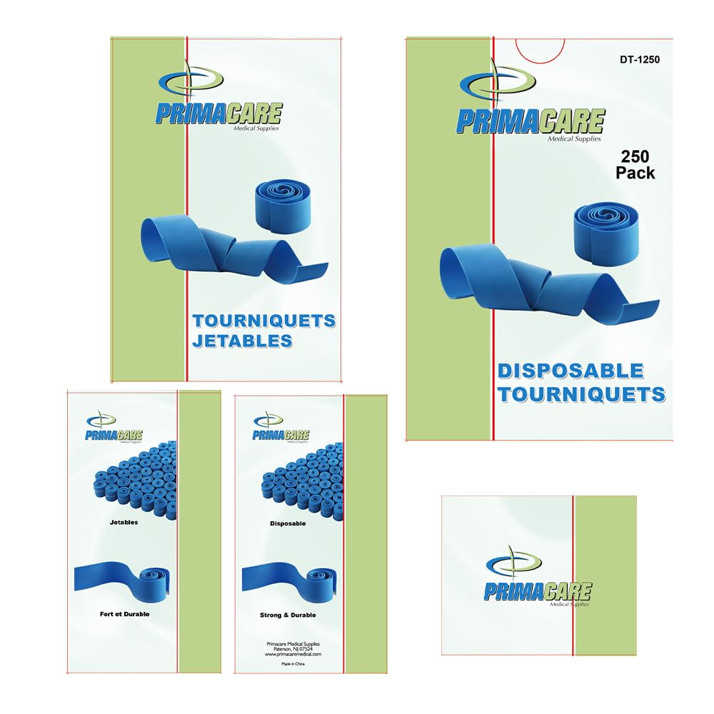 Primacare DT-1250 Pack of 250 First Aid Disposable Tourniquets, Latex Free Nursing Supplies Essentials, 1” Wide by 18" Long Anti Tear Single Use Tourniquets Travel Kits