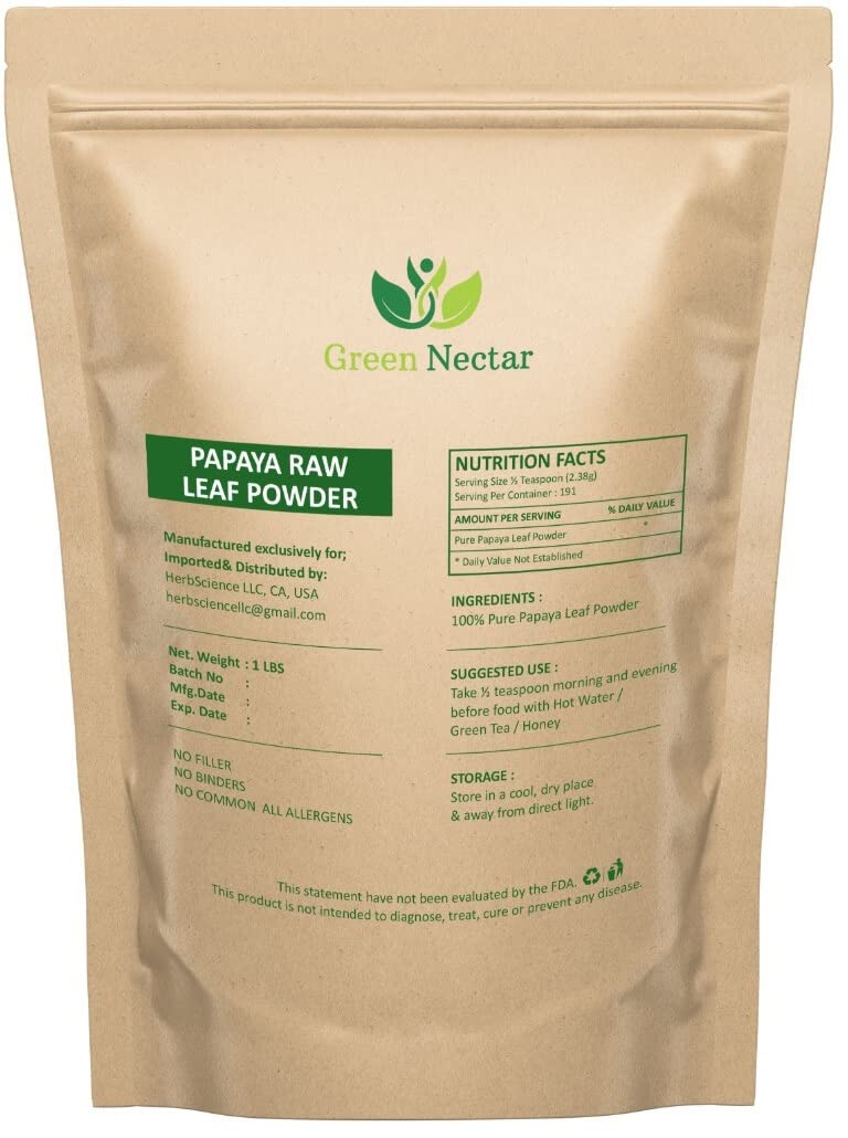 Papaya Leaves Powder 454g (1lb / 16 oz) | Carica Papaya | Papaya Leaf Powder Benefits Hair and Skin| Non GMO (1 Pound(16 Oz)) - Green Nectar