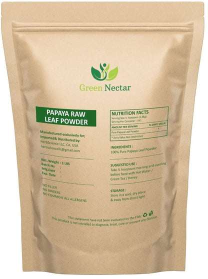Papaya Leaves Powder 454g (1lb / 16 oz) | Carica Papaya | Papaya Leaf Powder Benefits Hair and Skin| Non GMO (1 Pound(16 Oz)) - Green Nectar