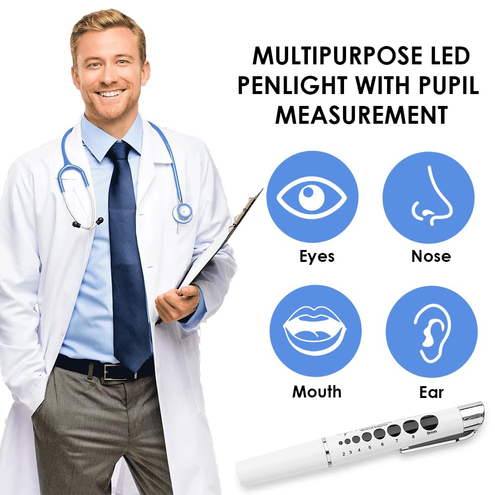 Primacare DL-9325 LED Diagnostic Penlight with Imprinted Pupil Gauge, Reusable and Lightweight Medical Pen Light for Nurse, Student, Doctors EMT, Batteries Included, White