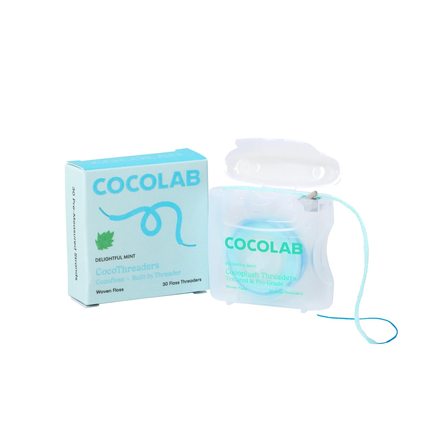 CocoPlush Floss Threaders by Cocolab, Expanding Woven Floss with Built-in Threader for Braces, Implants and Bridges, Coconut Oil Infused, Mint Scent, 30 Count, 1 Pack