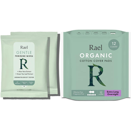 Rael Bundle - Flushable Feminine Wipes (10 Count, Pack of 2) and Organic Cotton Cover Pads Extra Long Overnight (12 Count)