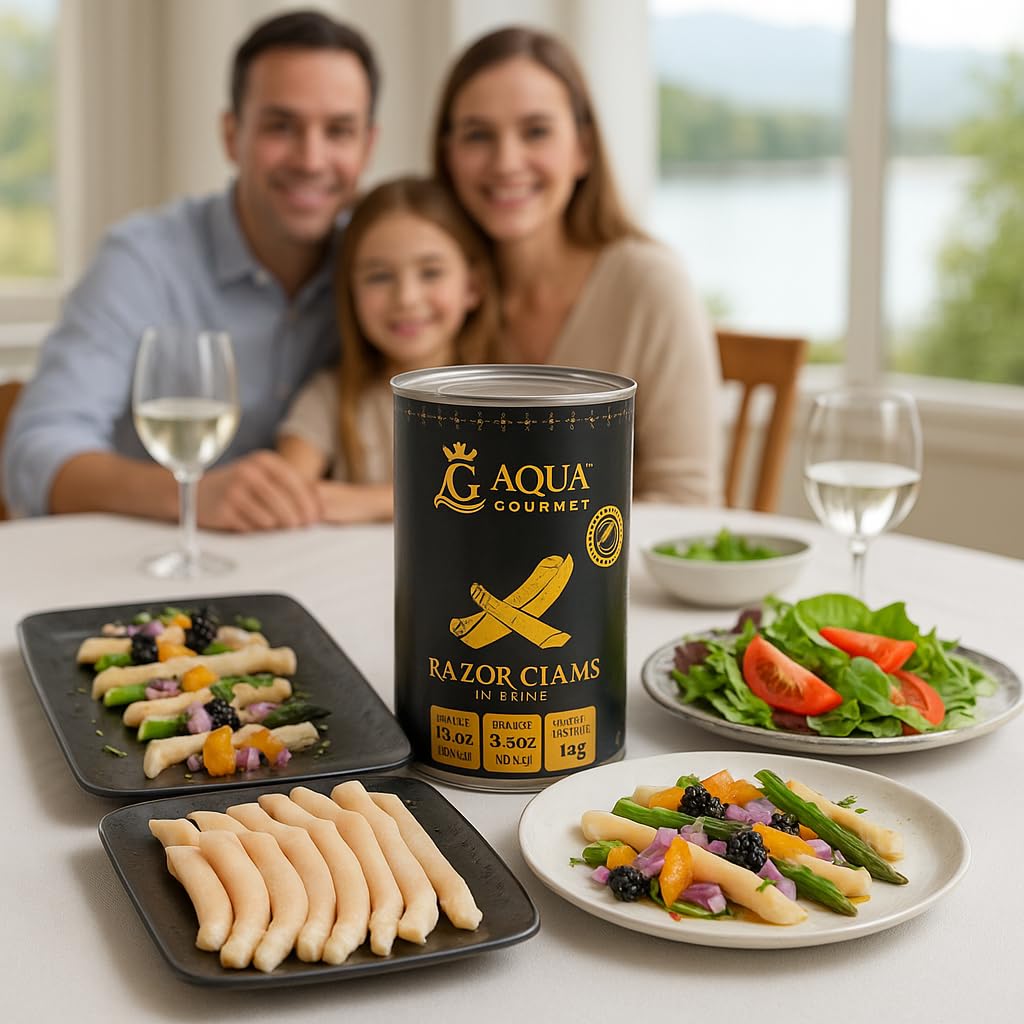 Aqua Gourmet Premium Razor Clams in Brine, Chilean Patagonian Shellfish, 15 oz Can.