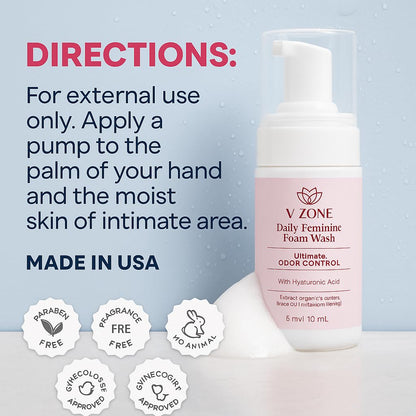 VZone Daily Feminine Foam Wash – Feminine Wash for Women with Hyaluronic Acid, Lactic Acid and Cranberry Extract – Odor Control, pH Balanced, Fragrance-Free, Paraben-Free, Vegan (3.4 OZ)