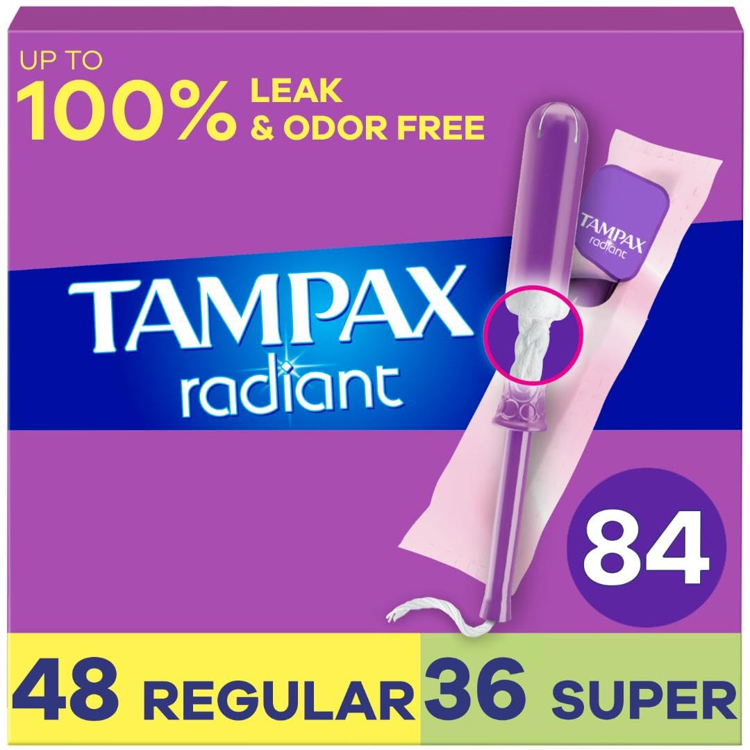 Tampax Radiant Tampons for Women Multipack, with LeakGuard Braid, Regular/Super Absorbency, Unscented, 84 Count (3 Packs of 28)