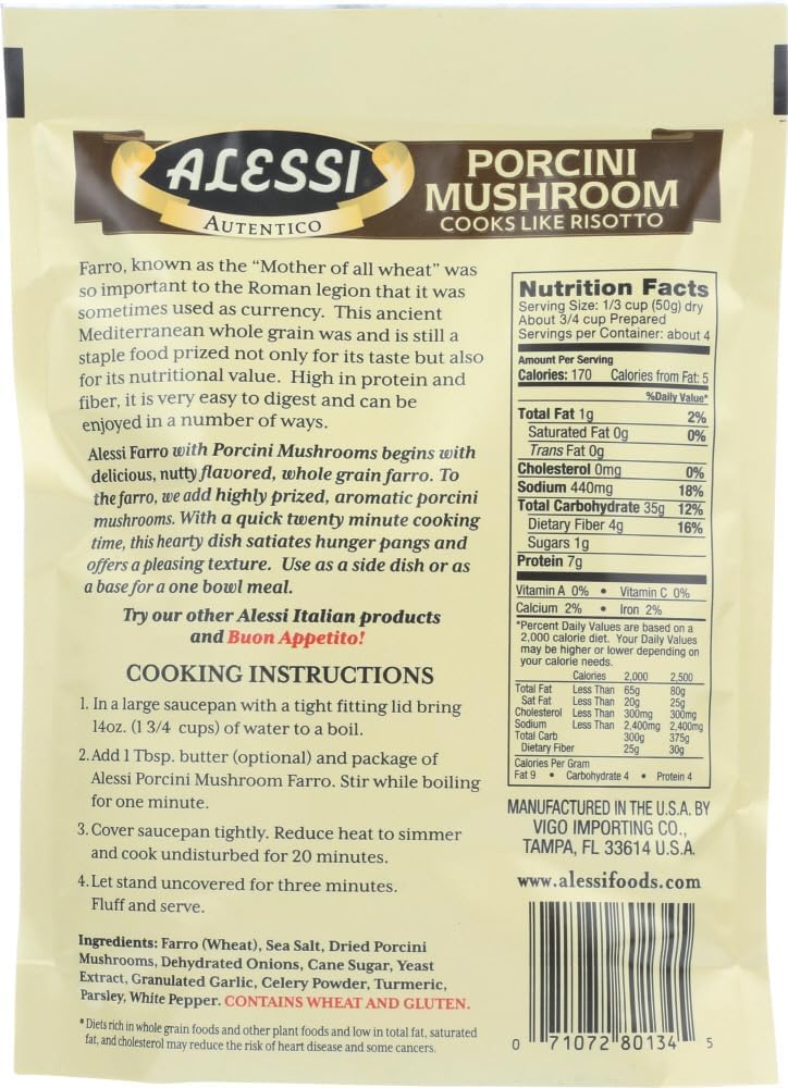 Alessi Autentico, Premium Seasoned Roman Grain Farro, Cooks Like Risotto, Heart Healthy, Easy to Prepare, 7oz (Porcini Mushroom, Pack of 6)