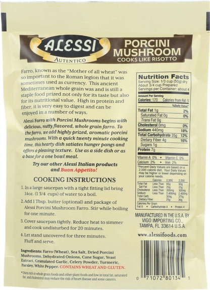 Alessi Autentico, Premium Seasoned Roman Grain Farro, Cooks Like Risotto, Heart Healthy, Easy to Prepare, 7oz (Porcini Mushroom, Pack of 6)