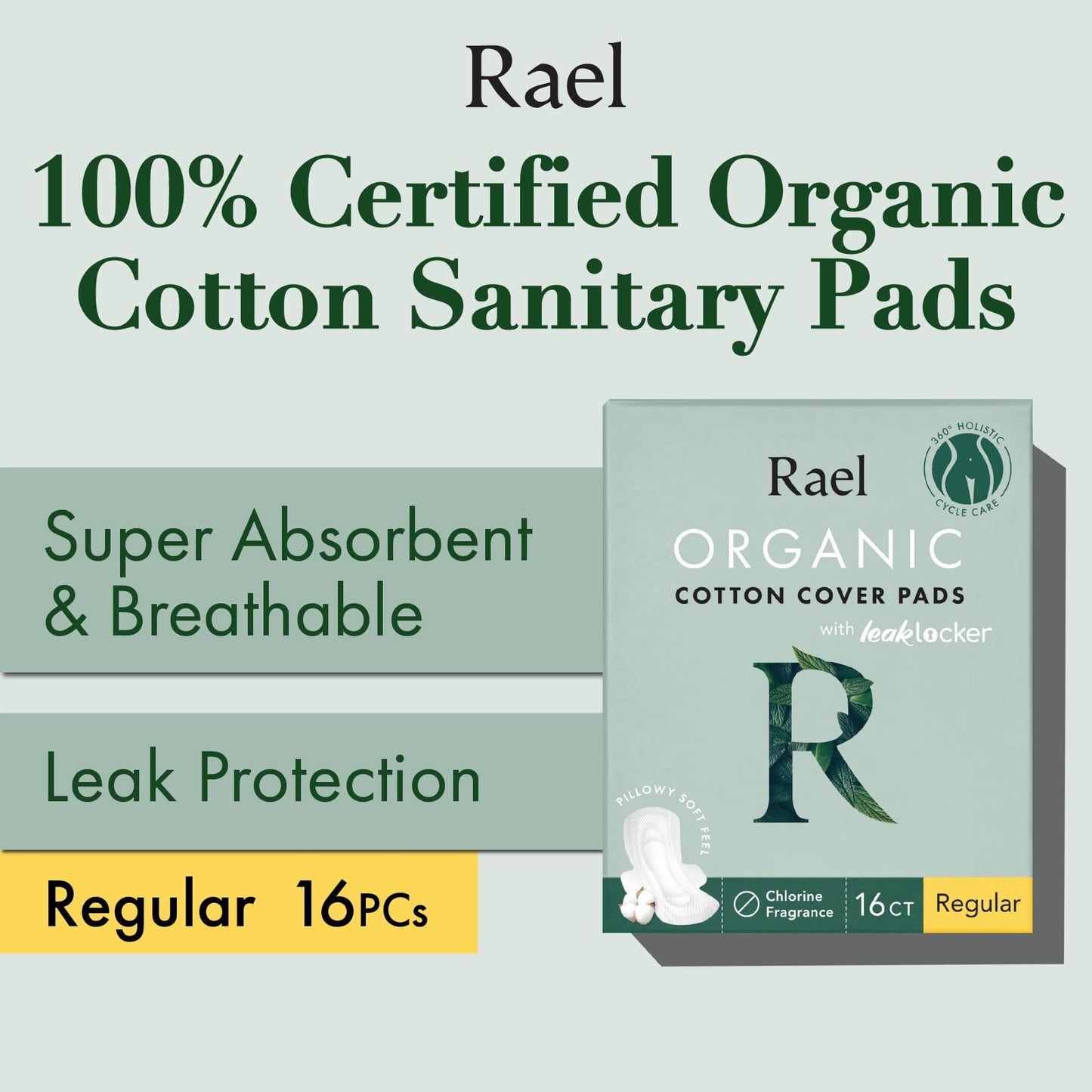Rael, Organic Cotton Cover Pads, Regular, 14 Count