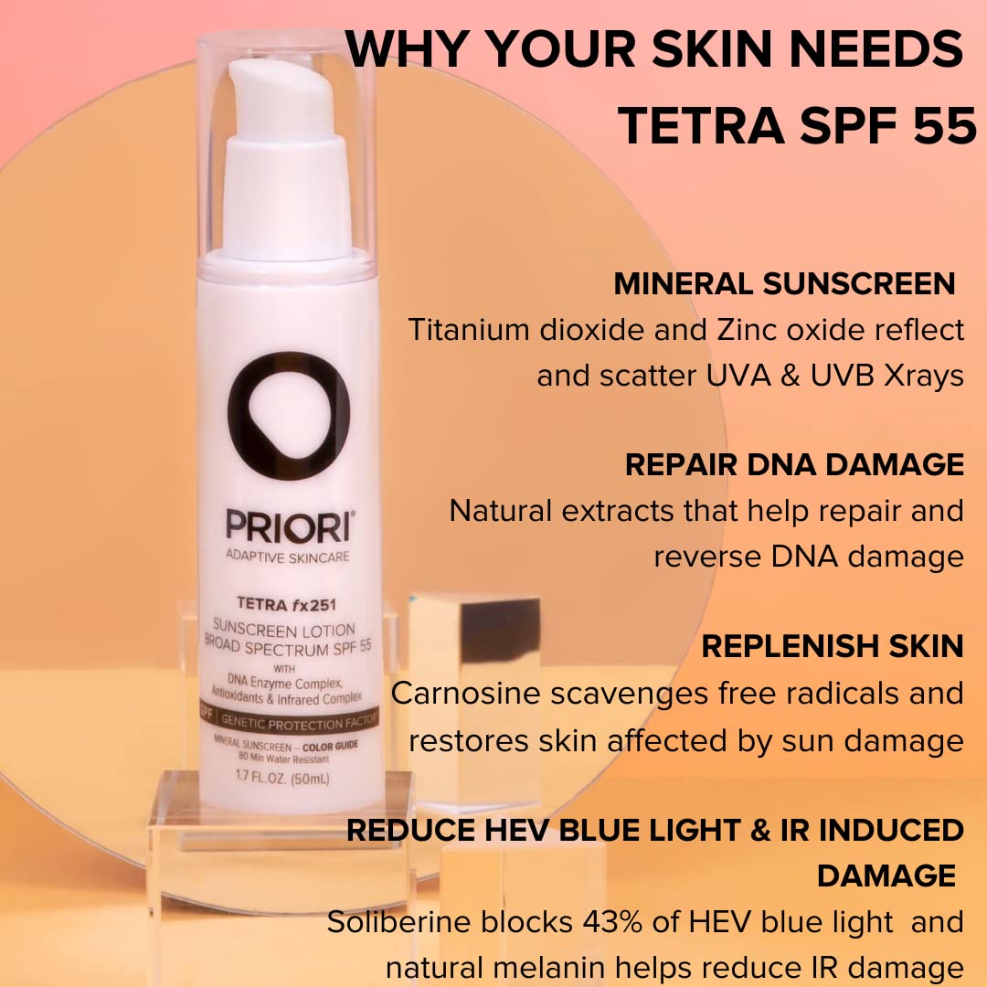 Priori Skincare Tetra Sunscreen Lotion Broad Spectrum SPF 55 Universal Skin Tint, Zinc Oxide Facial Sunscreen, Blue Light Protection, Antioxidant, Matte Finish 1.7 fl oz