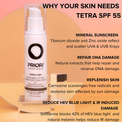 Priori Skincare Tetra Sunscreen Lotion Broad Spectrum SPF 55 Universal Skin Tint, Zinc Oxide Facial Sunscreen, Blue Light Protection, Antioxidant, Matte Finish 1.7 fl oz