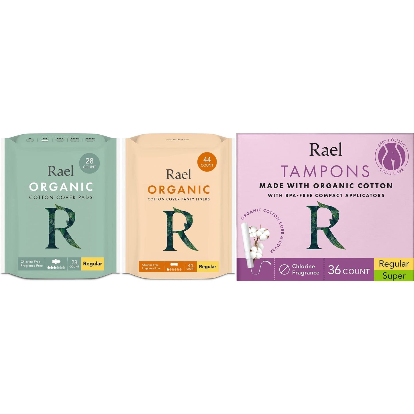 Rael Period Kit Bundle - Organic Cotton Cover Panty Liners (44 Count), Organic Cotton Cover Pads (28 Count), Compact Tampons Made with Organic Cotton (36 Count)