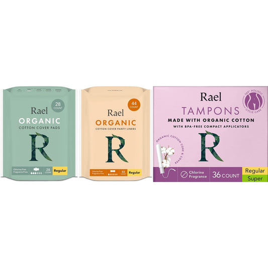 Rael Period Kit Bundle - Organic Cotton Cover Panty Liners (44 Count), Organic Cotton Cover Pads (28 Count), Compact Tampons Made with Organic Cotton (36 Count)
