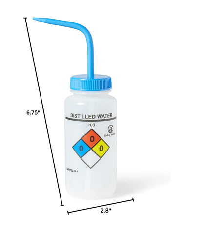 United Scientific™ UniSafe™ Laboratory Grade Wide Mouth LDPE Vented Chemical Wash Bottle, Distilled Water, 500mL (16oz), 4-Color, Pack of 6
