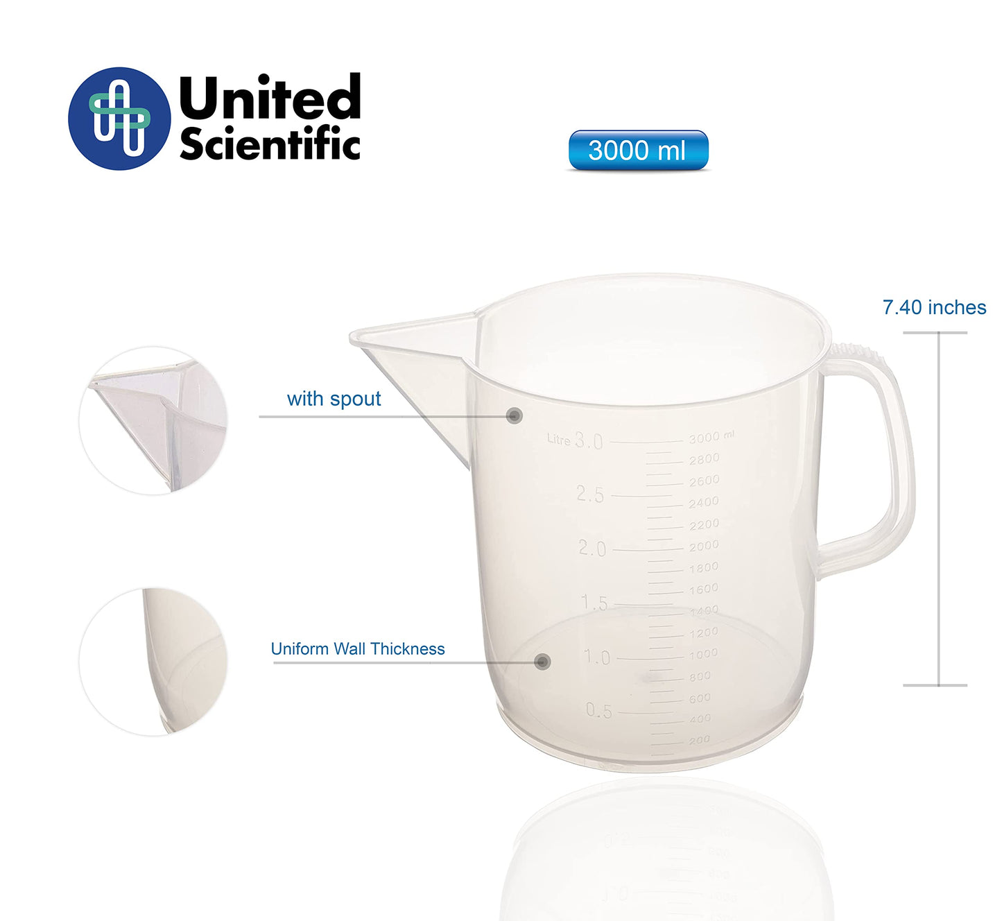 United Scientific™ Polypropylene Pitchers 81124 | Polypropylene Short Form Pitchers | 3000ml Capacity | 100ml Graduations| Beakers with handle spout | 3000ML (Pack of 6)